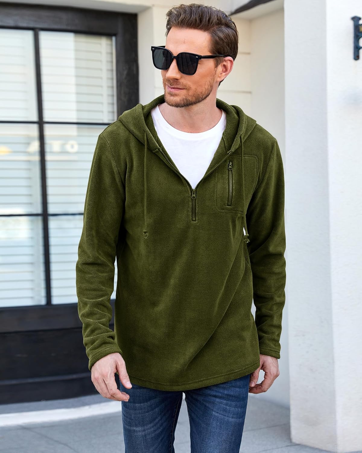 Army Green Tactical Fleece Jacket XL for Men | Outdoor Half Zip Hooded Pullover