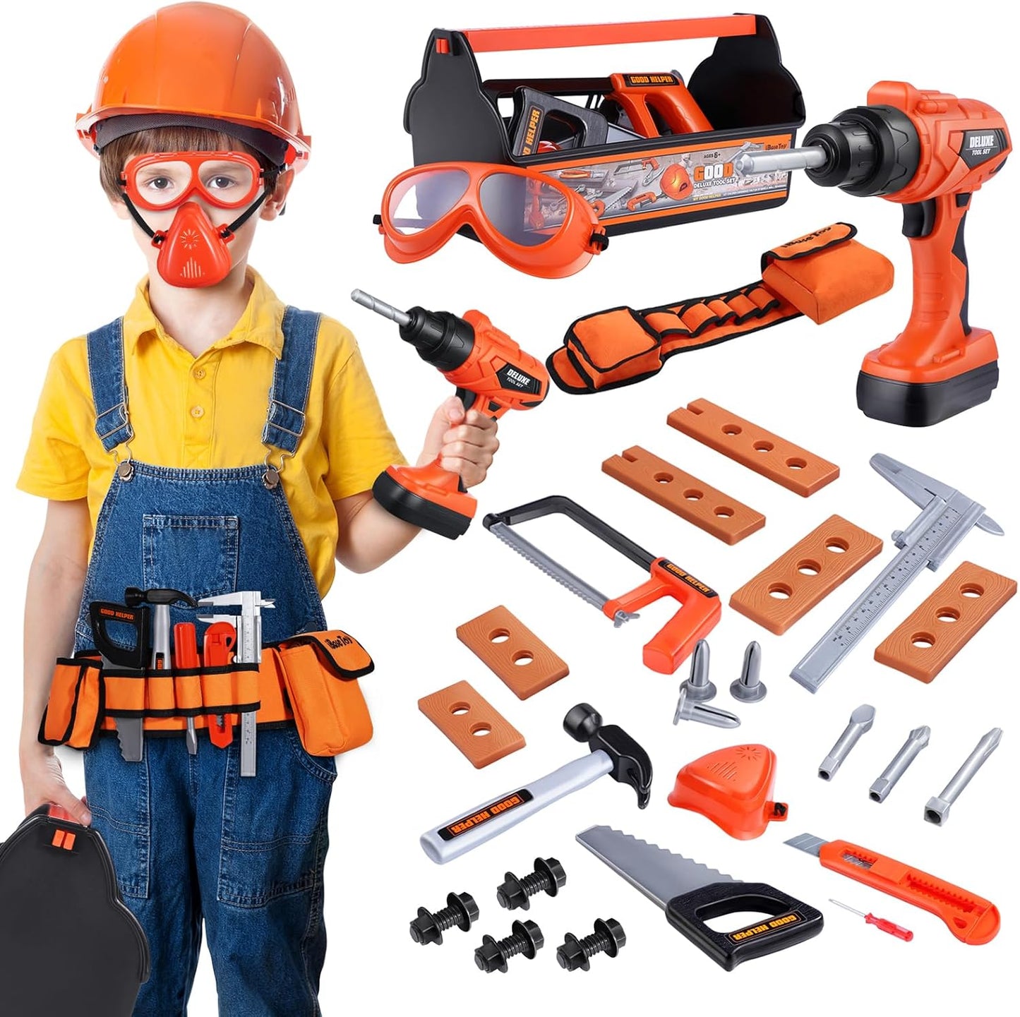 Kids 32-Piece Tool Set with Tool Box, Electronic Toy Drill & Tool Belt (19–28 in / 48–71 cm) – Pretend Construction Playset for Ages 3–7