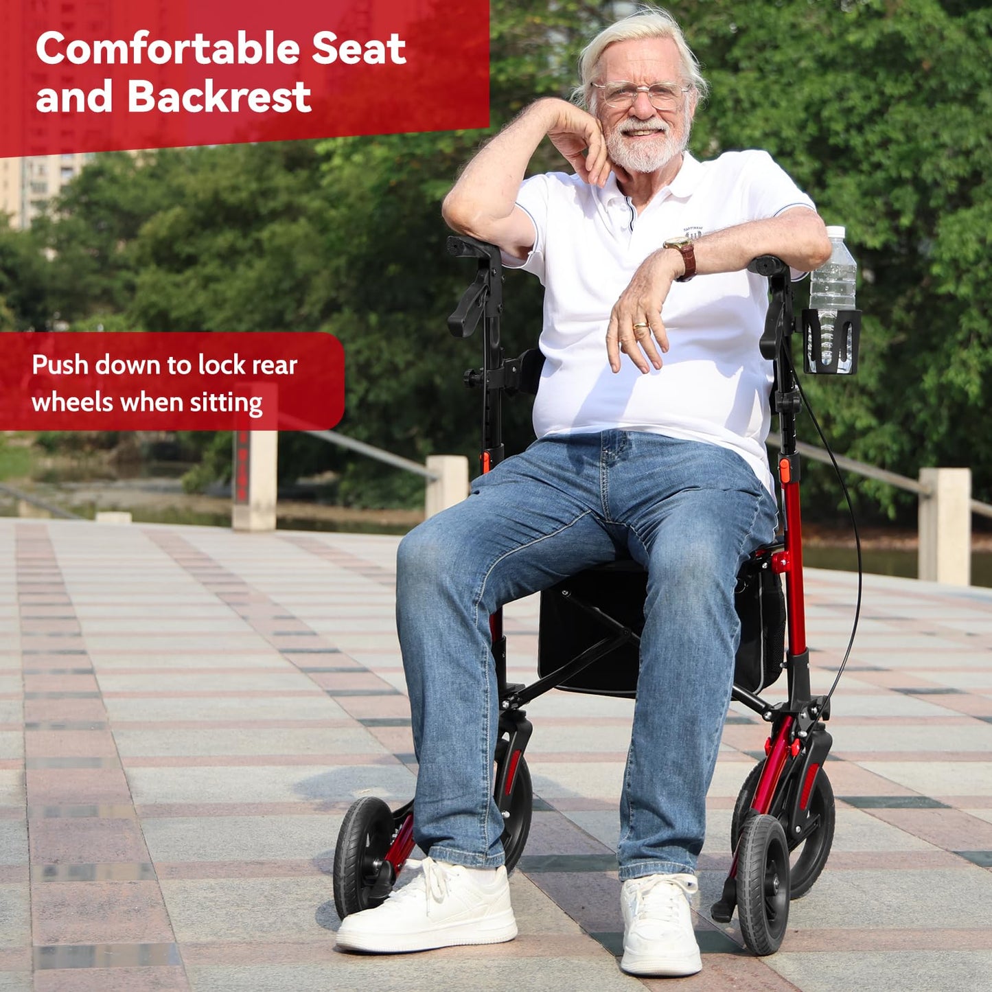Portable Folding Walker with Mesh Seat, 350lb Capacity, 10-Inch Wheels - Red