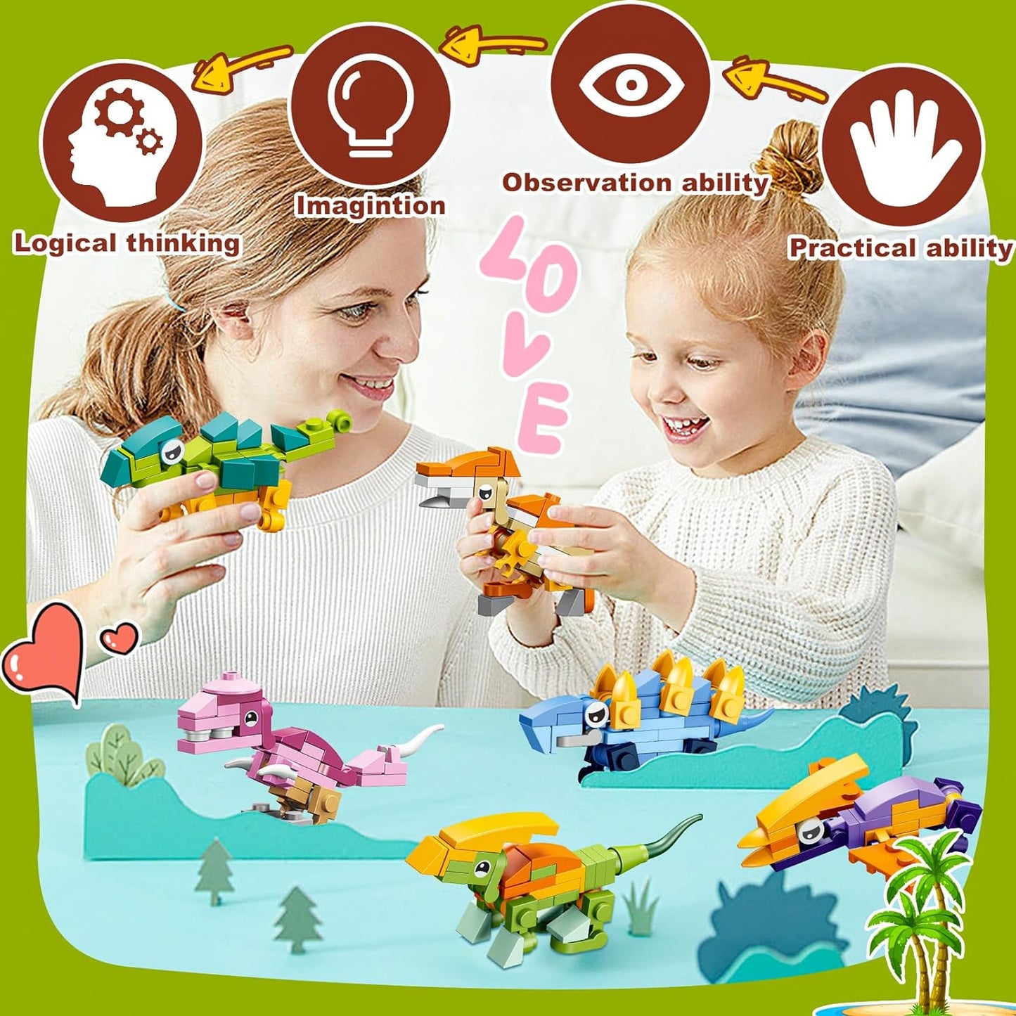 Valentine's Day Dinosaur Building Blocks for Kids: 24-Pack with Cards & Stickers