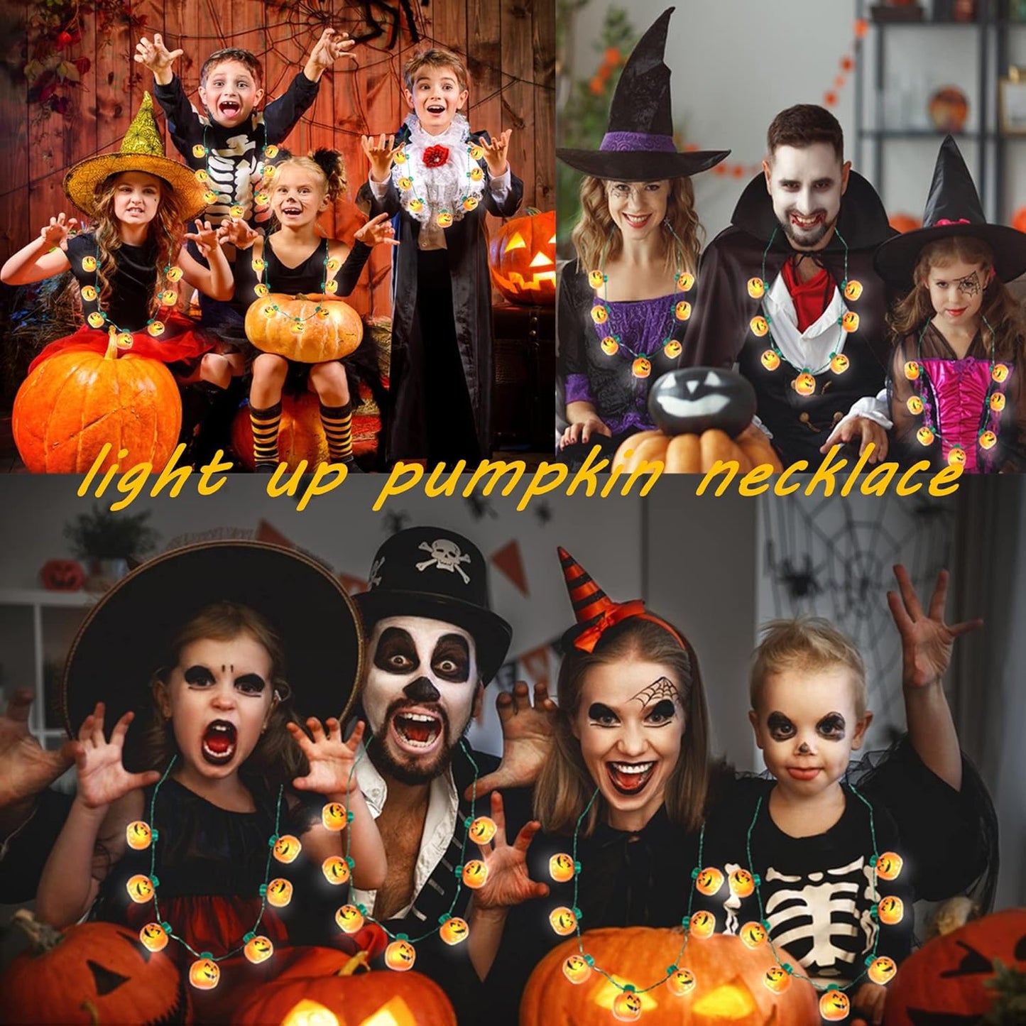 4pk Light Up Halloween Pumpkin Jack-O-Lantern Glow In The Dark Necklaces