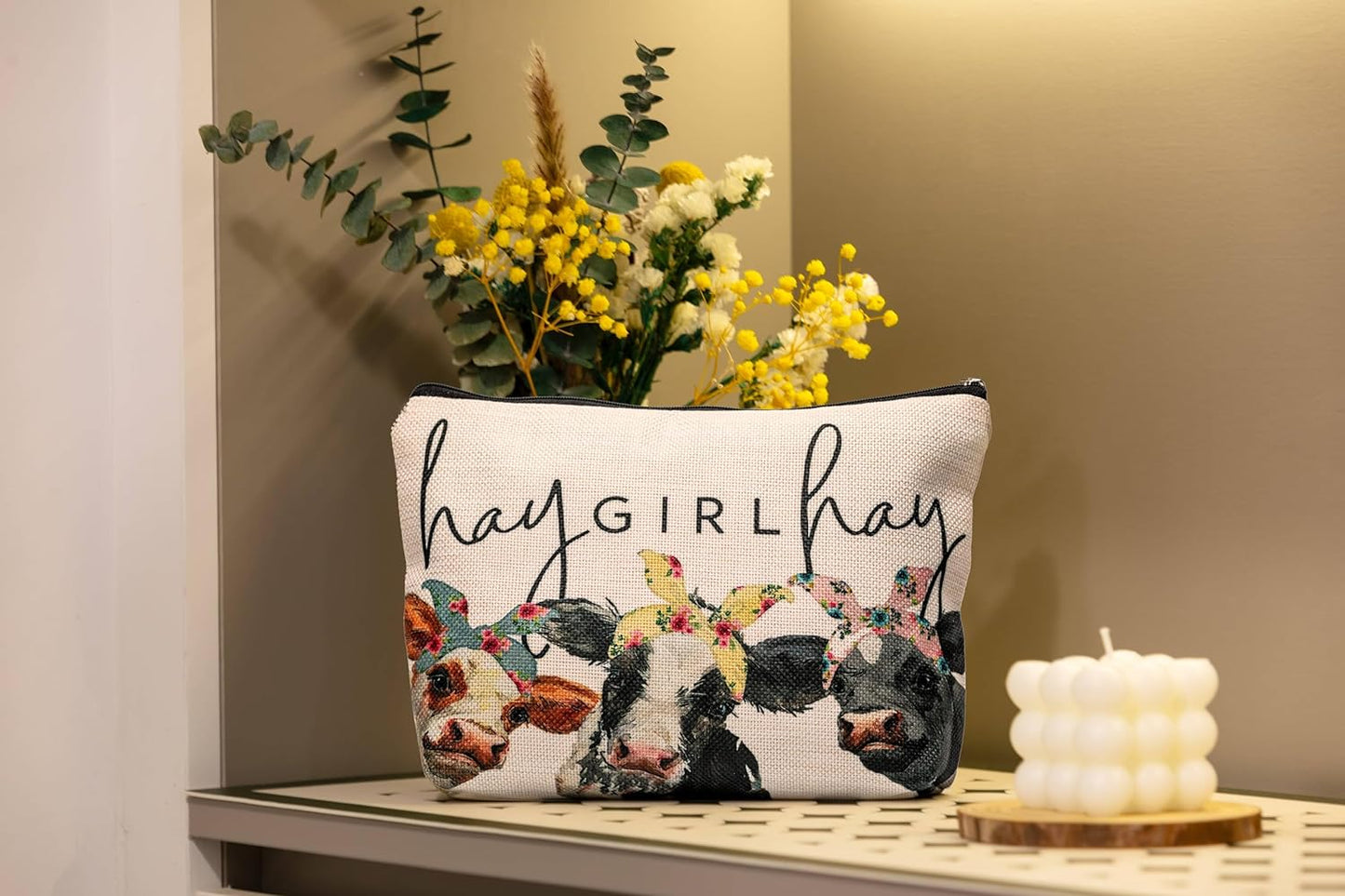 Premium Linen Cosmetic Bag for Women, Ideal for Travel & Daily Use, Colorful Cow Print