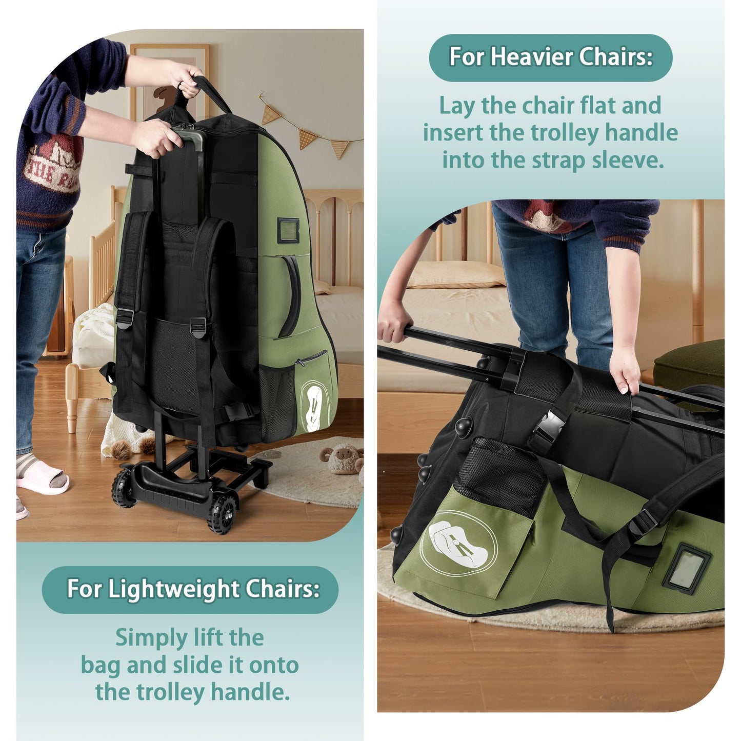 Rolling Car Seat Travel Bag with Wheels and Backpack Straps, Green – Fits Convertible and Booster Seats