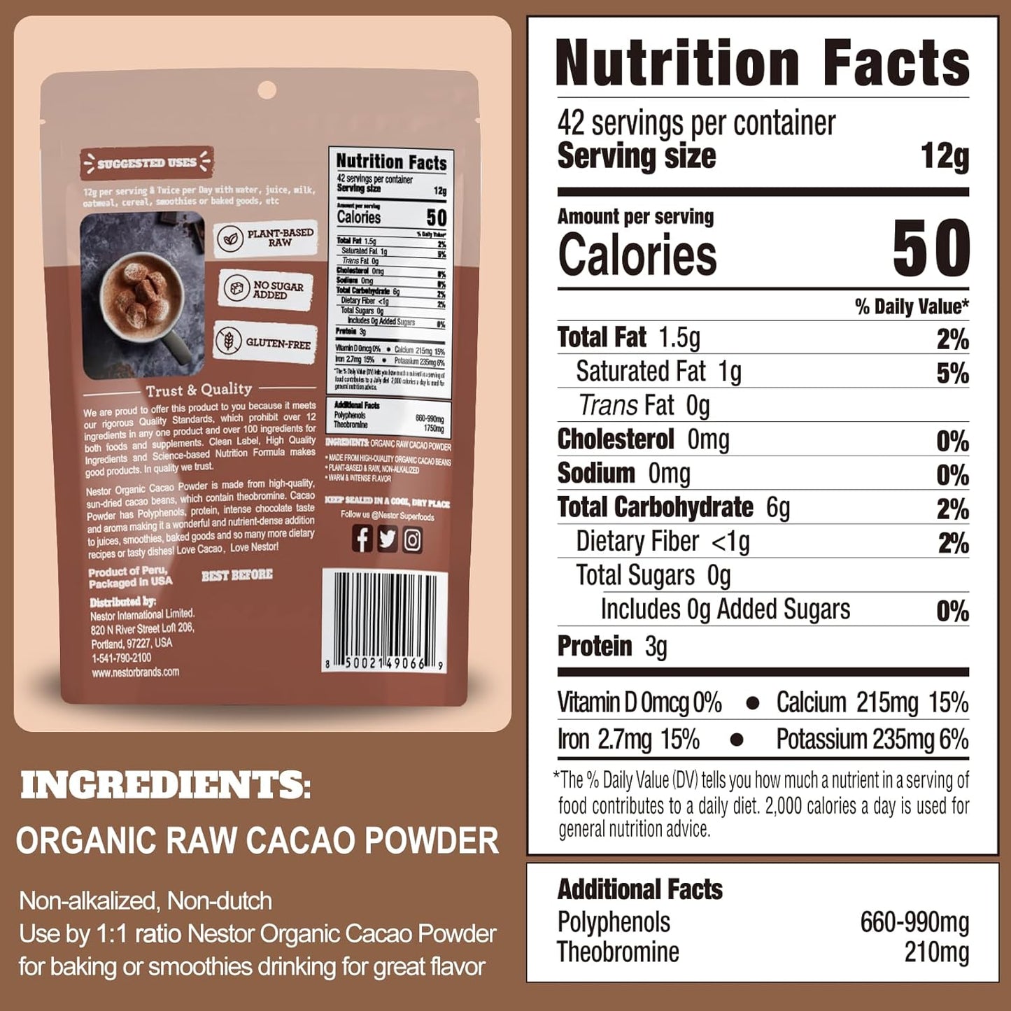 Premium Organic Cacao Powder 17.8oz: Nestor's 100% Pure, Non-alkalized, Plant-Based Superfood - Rich in Antioxidants, Gluten-Free, Vegan, No Preservatives