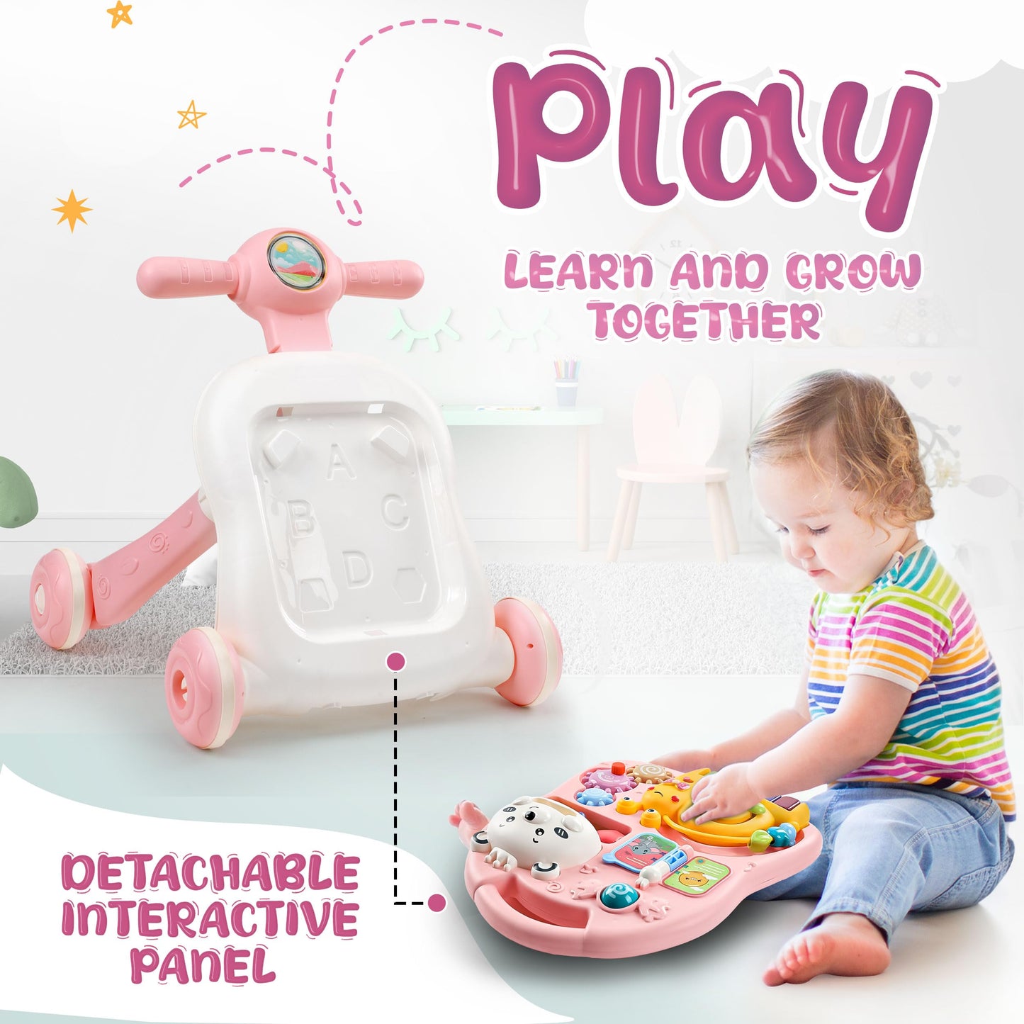 3-in-1 Baby Walker Push Toy for 6-12 Months, Sit-to-Stand Walker with Wheels, Detachable Play Panel, Stable Handle, Early Learning Activity, Pink