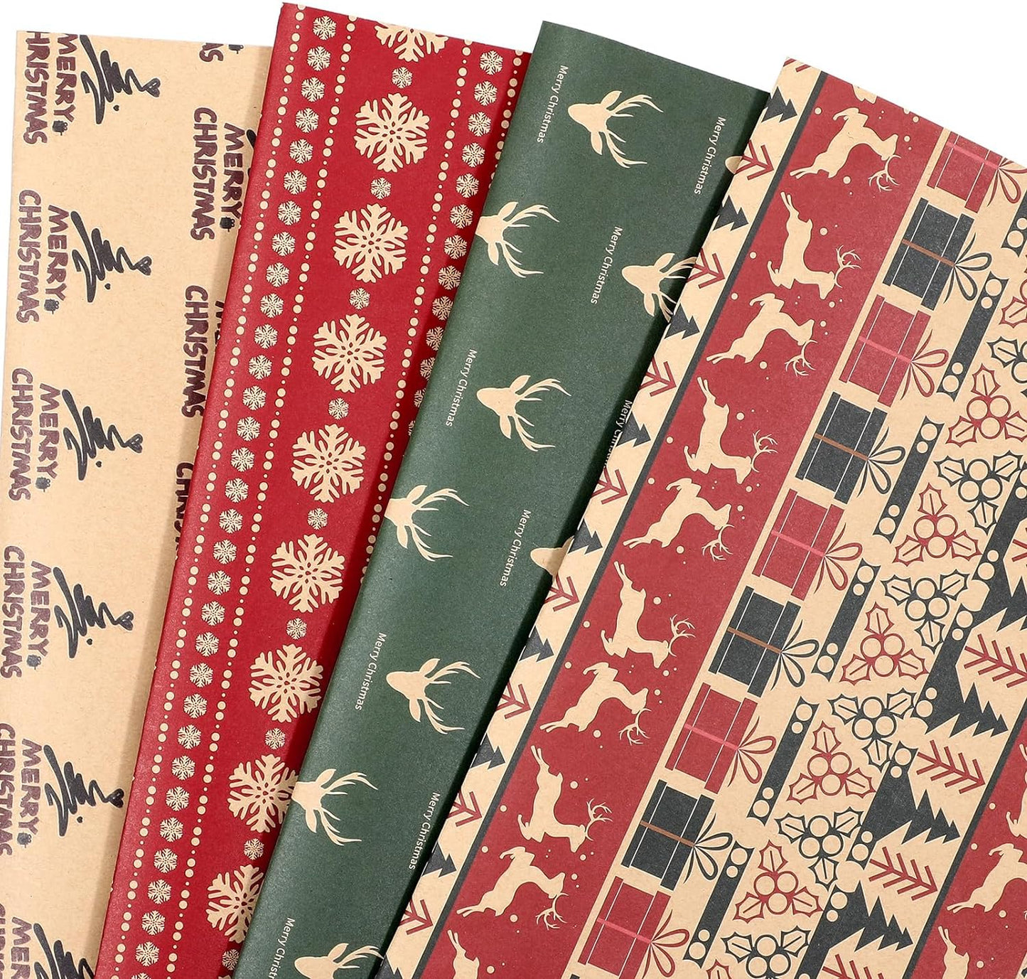 Premium Christmas Wrapping Paper Set - 12 Sheets of Kraft Paper with Festive Red & Green Designs, 20x29" Each for Holiday Gifts