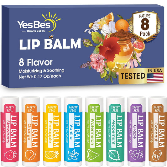 Lip Balm 8-Pack with Natural Ingredients, Vitamin E & Coconut Oil - Perfect for Dry Lips & Gift Giving