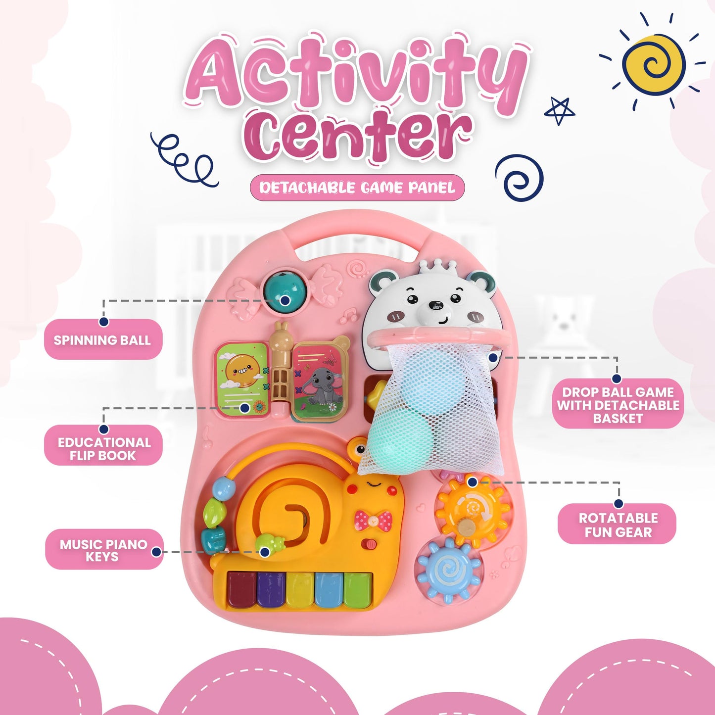 3-in-1 Baby Walker Push Toy for 6-12 Months, Sit-to-Stand Walker with Wheels, Detachable Play Panel, Stable Handle, Early Learning Activity, Pink