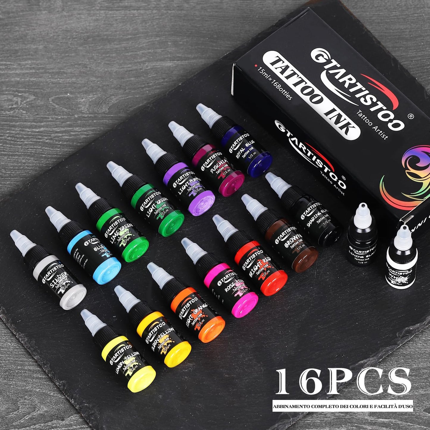 Tattoo Ink Set 16 Colors, 1/2 oz (15 ml) Professional Vegan-Friendly Pigment Tattoo Supplies Kit with True Black, Bright Red, Snow White Opaque
