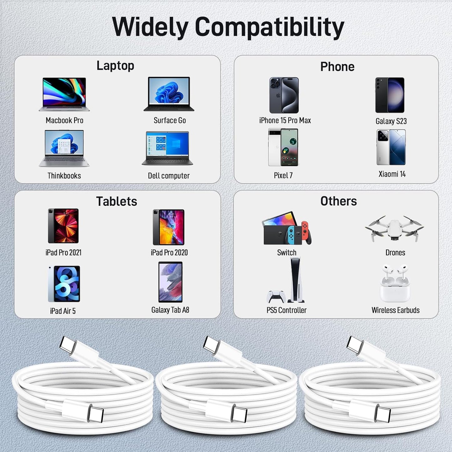 USB-C to USB-C Cable 6ft, 60W Fast Charging 3-Pack for iPhone 15, iPad, MacBook, Galaxy S23