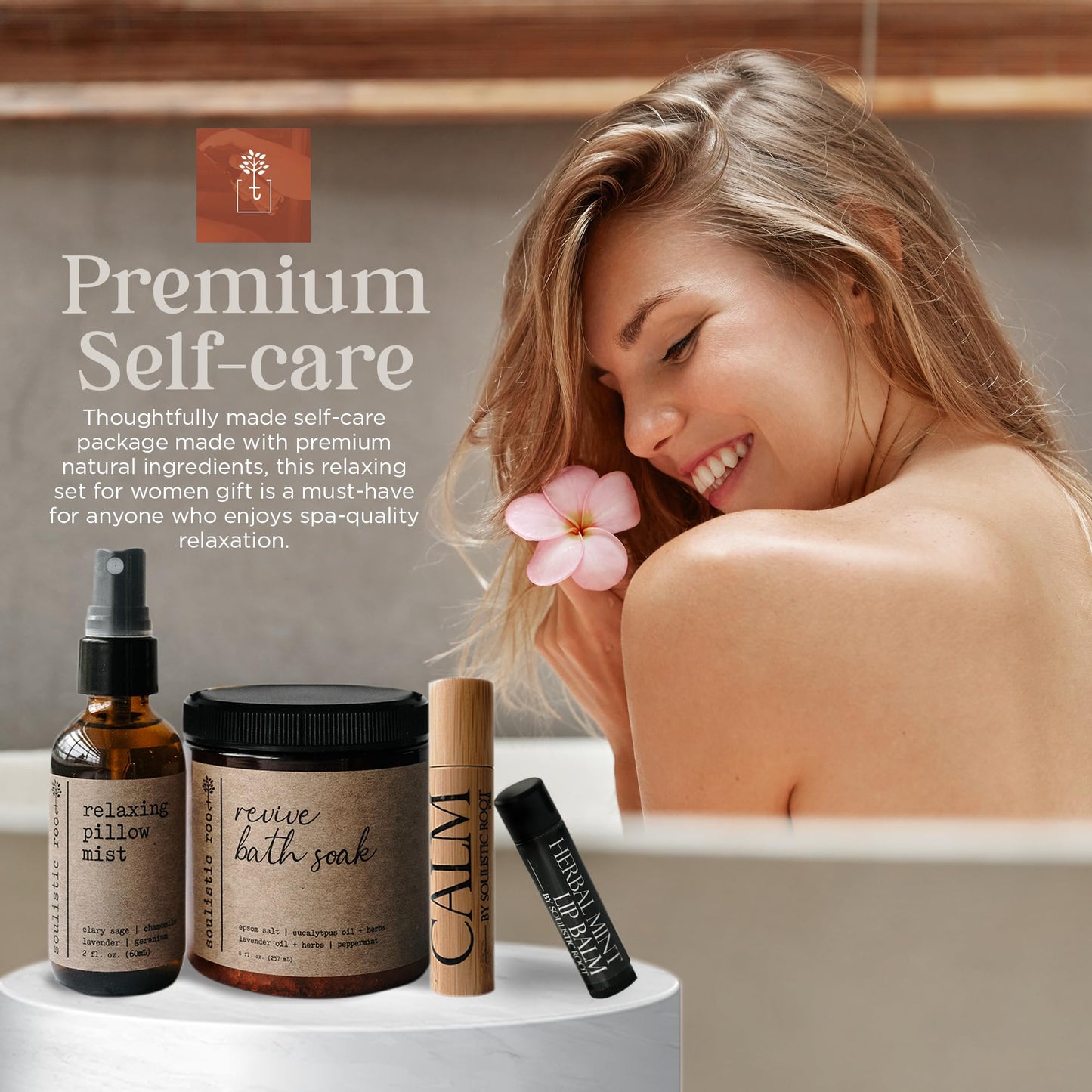 Spa Kit for Women Self Care Gift Set, Lavender Pillow Spray, Calm Essential Oil Roller 0.34 fl oz (10 ml), Mint Lip Balm & Epsom Salt Bath Soak