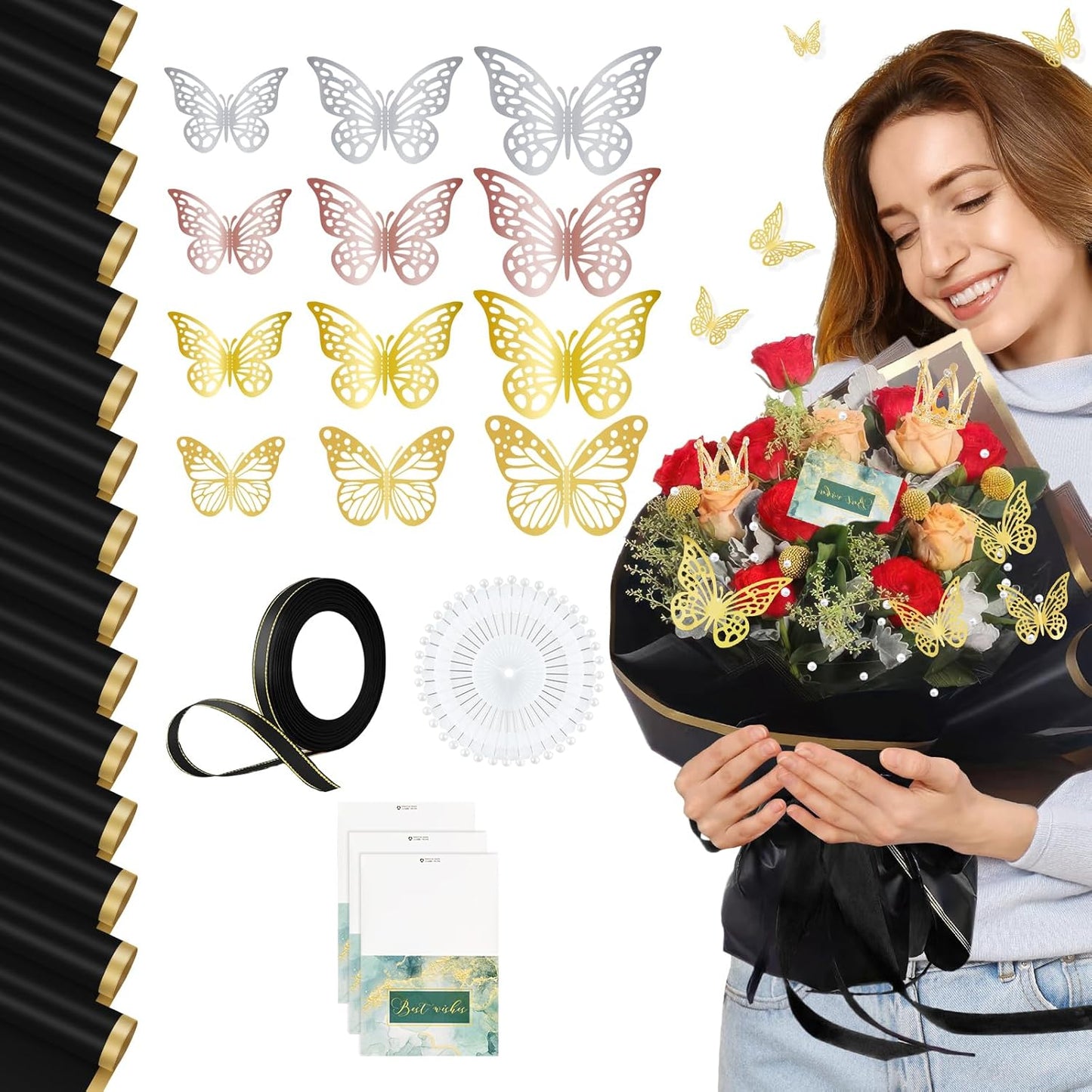 234-Piece DIY Flower Wrapping Kit: Waterproof Papers, Ribbons & 3D Butterflies