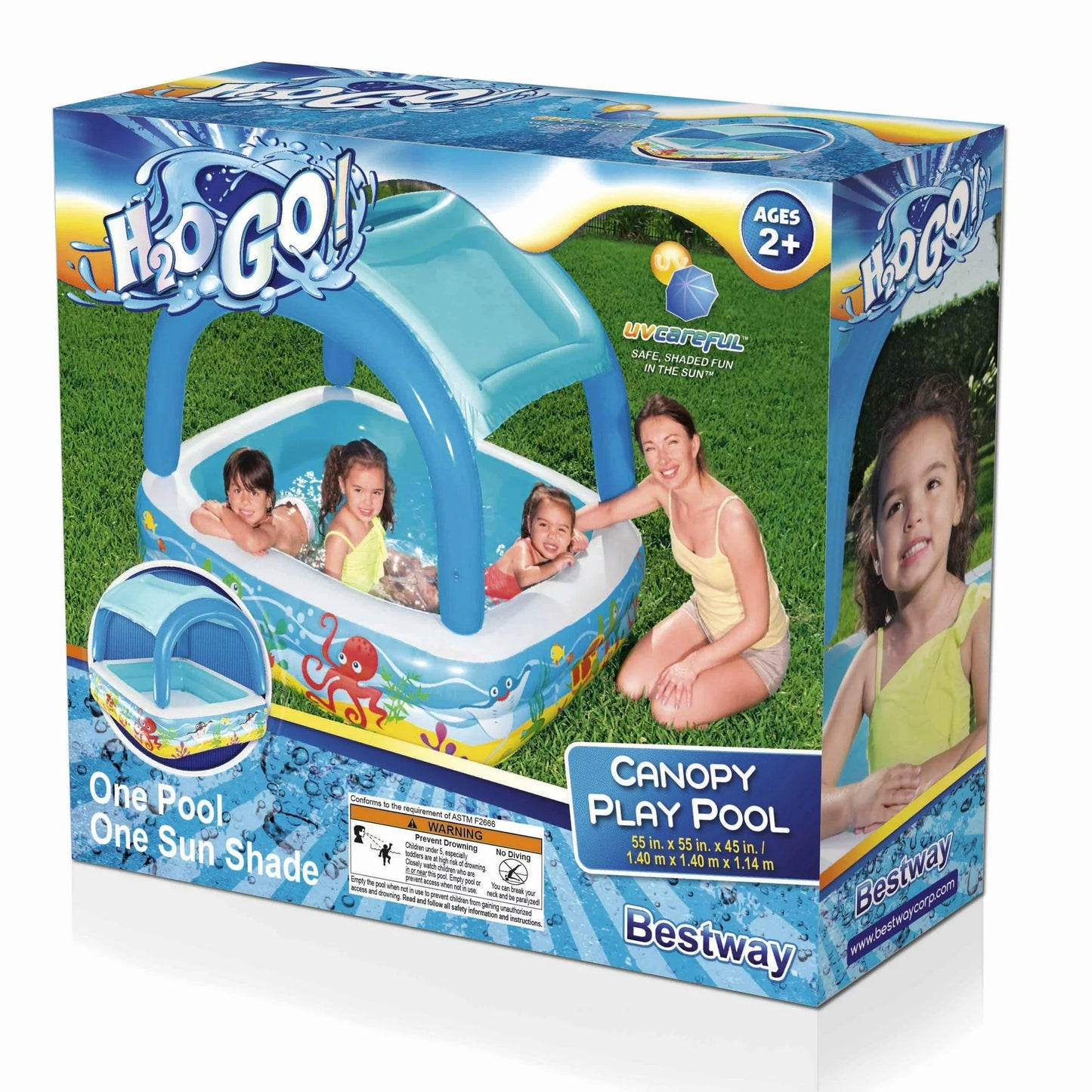 Ultimate 55" x 55" Square Kiddie Pool with Detachable Canopy and UV Protection - Enjoy Shaded Outdoor Fun
