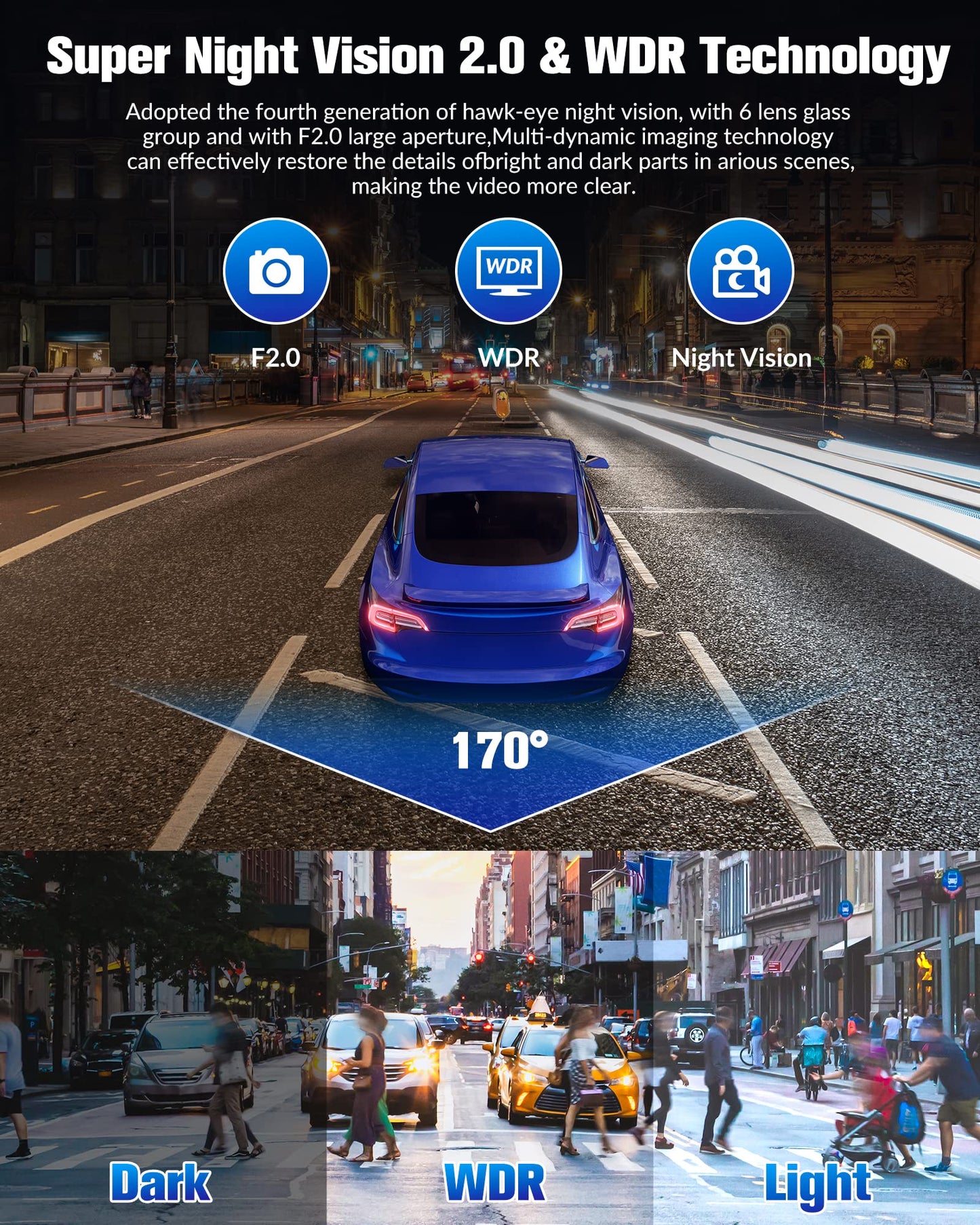 4K Full UHD 3-Channel Dash Camera for Cars, Front Rear Interior Recording, 32GB Card, Super Night Vision, 2.0 in IPS Screen, 170° Wide Angle