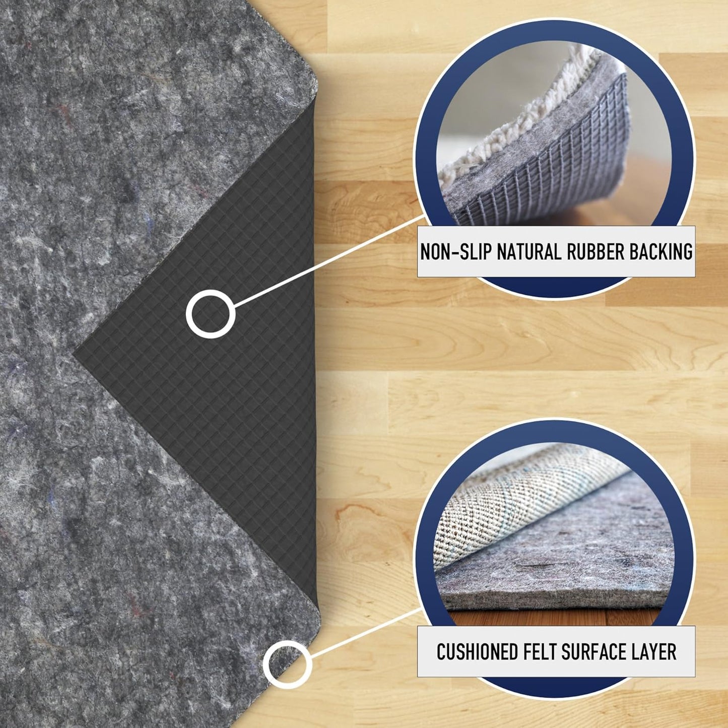 Non-Slip Rug Pad 2'x5' - 1/4" Thick Felt + Rubber for Hardwood Floors