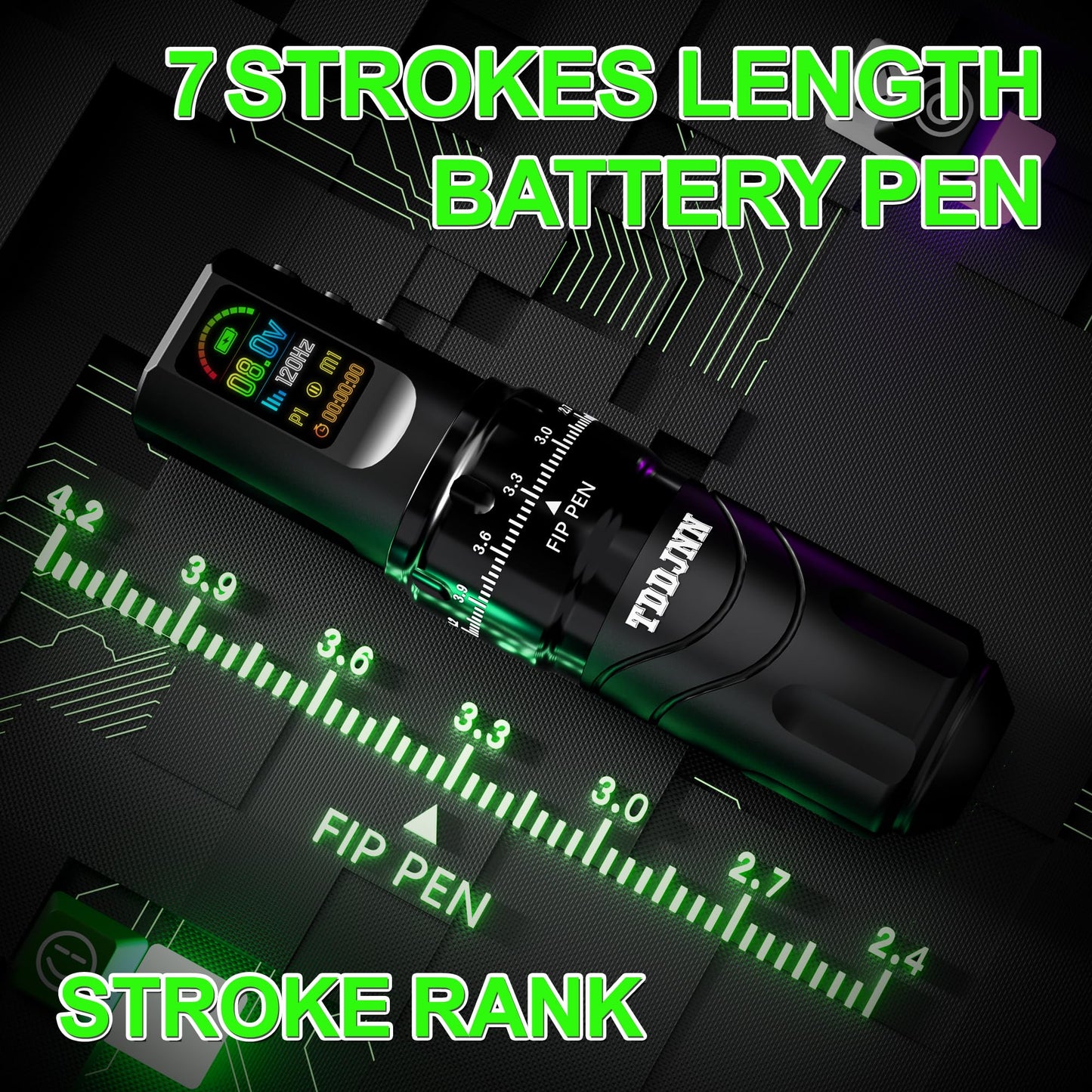 Professional Wireless Tattoo Gun Pen Kit with 1800mAh Battery, 7 Adjustable Stroke Lengths (2.4mm-4.2mm), and OLED Display