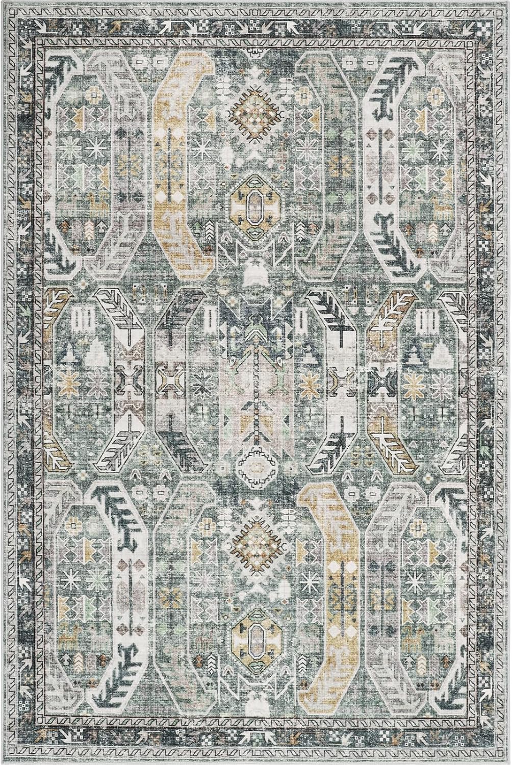 4x6 Non-Slip Washable Rug for Living Room & Bedroom, Stain Resistant & Lightweight (Green/Gold)