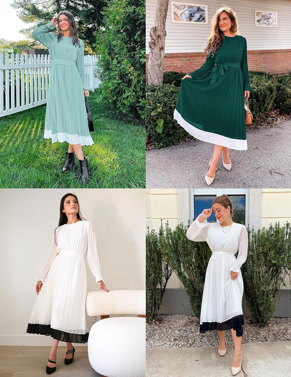 Dark Blue Medium Women's Long Sleeve Chiffon Midi Dress with Pleated Skirt and Detachable Belt