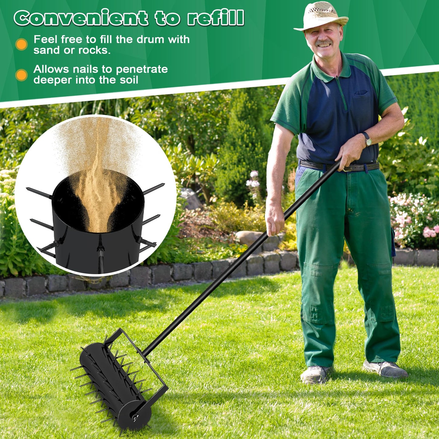 16-inch Rolling Lawn Aerator with 47-inch Adjustable Handle - Heavy Duty Manual Soil Penetrator Spikes for Garden and Yard Maintenance