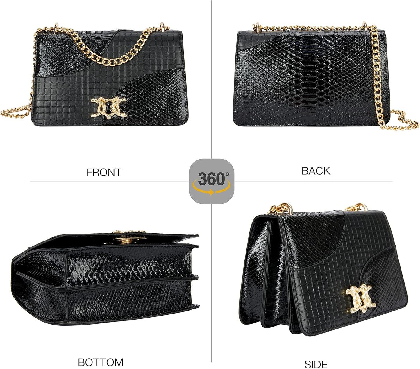 Elegant Black Snake Print PU Leather Crossbody Bag with Gold Chain Strap