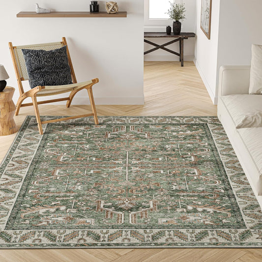 Green 8'x10' Washable Area Rug: Durable & Stain Resistant for Homes