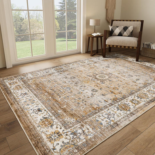 5x7 Washable Area Rug, Non-Slip, Stain-Resistant for Living Room, Bedroom, Kitchen (Apricot/Blue, 5'x7')