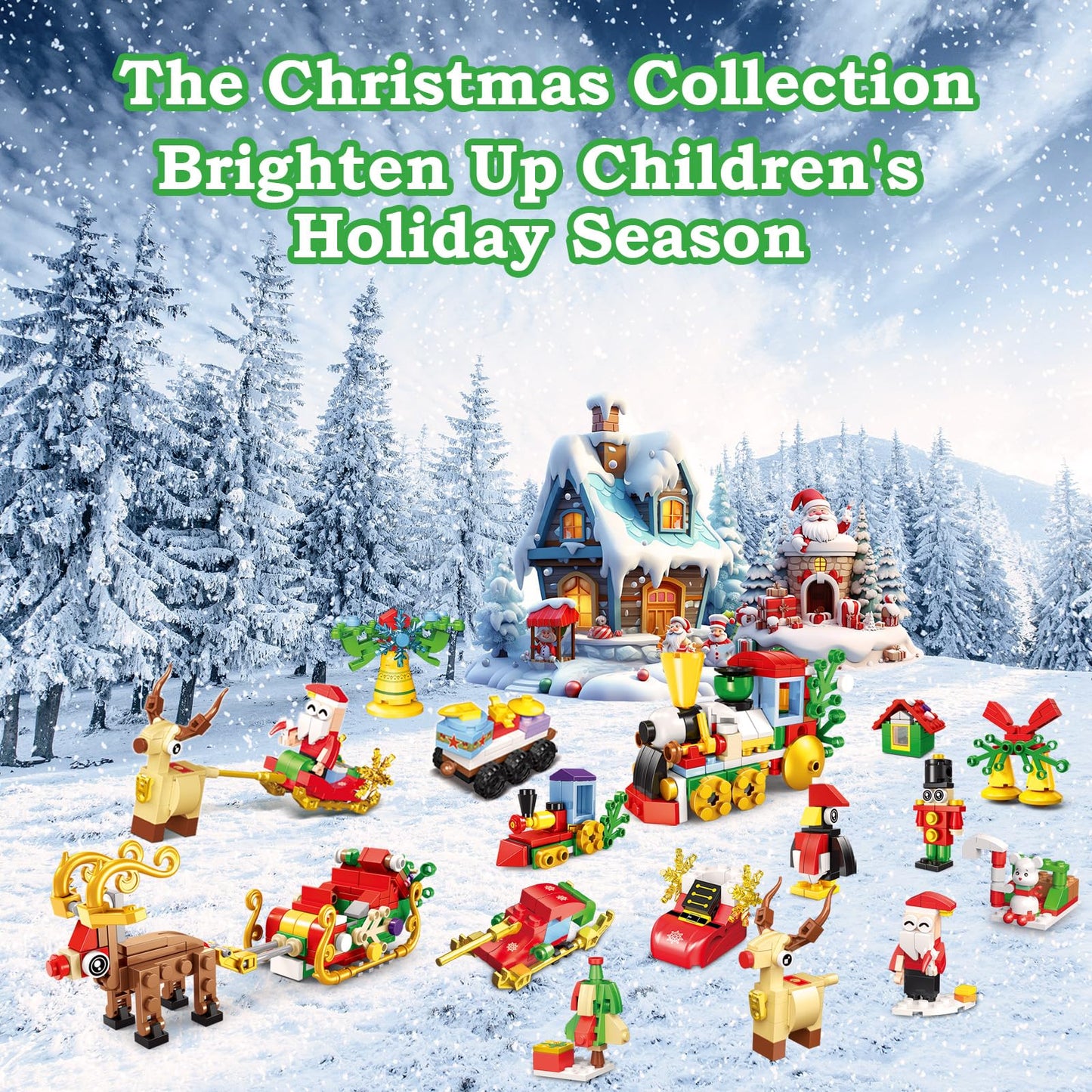 Building Block Advent Calendar for Kids, 24-Day Christmas Countdown with 24 Mini Builds, Combine into Larger Creations, Santa Train Elk Pieces, Ages 6+