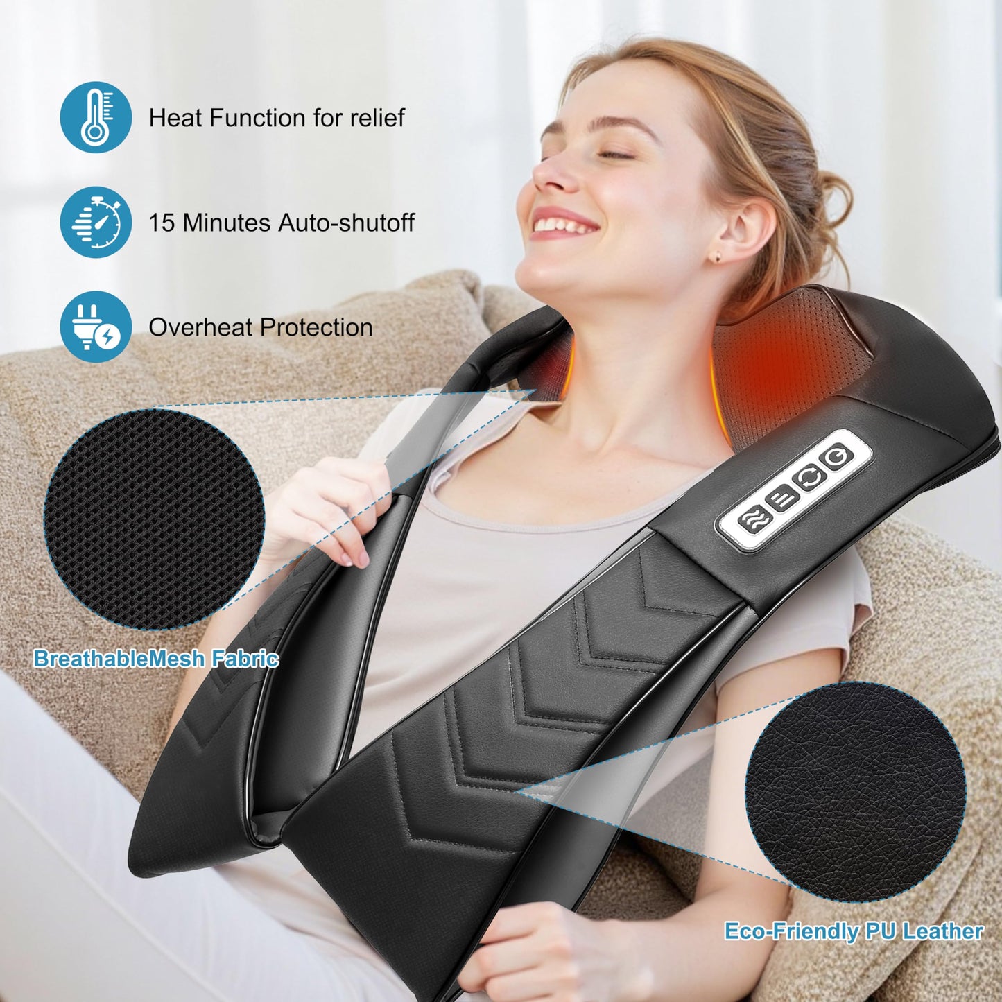 Shiatsu Neck and Back Massager with Heat, Electric Shoulder Massager, 16 Kneading Nodes, 3 Speeds, Deep Tissue Kneading for Pain Relief, Not Cordless