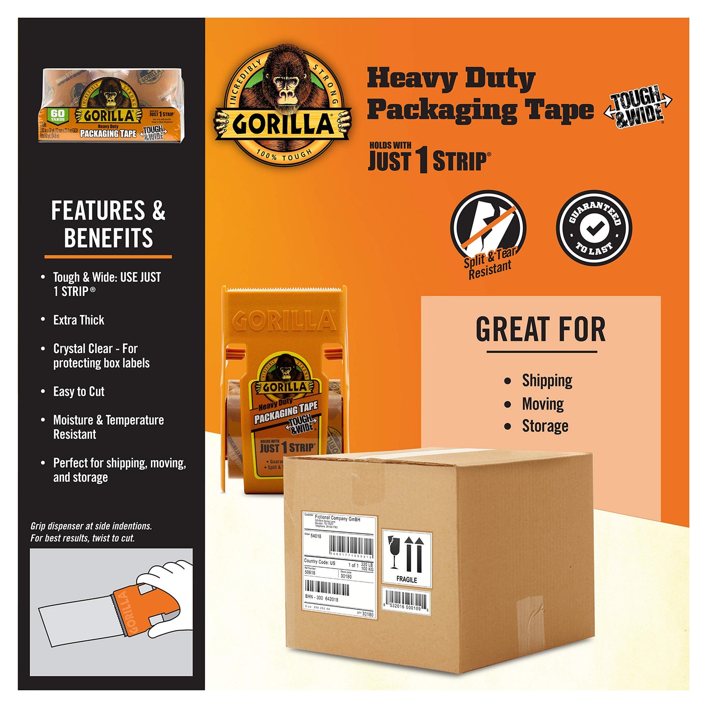 Gorilla Tough and Wide Packing Tape, Clear Shipping Tape, 2.83 in. x 30 yd., 2 Rolls