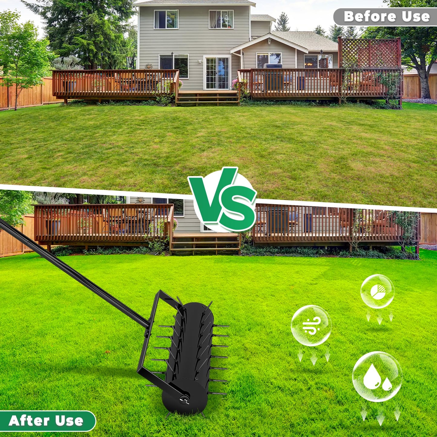 16-inch Rolling Lawn Aerator with 47-inch Adjustable Handle - Heavy Duty Manual Soil Penetrator Spikes for Garden and Yard Maintenance