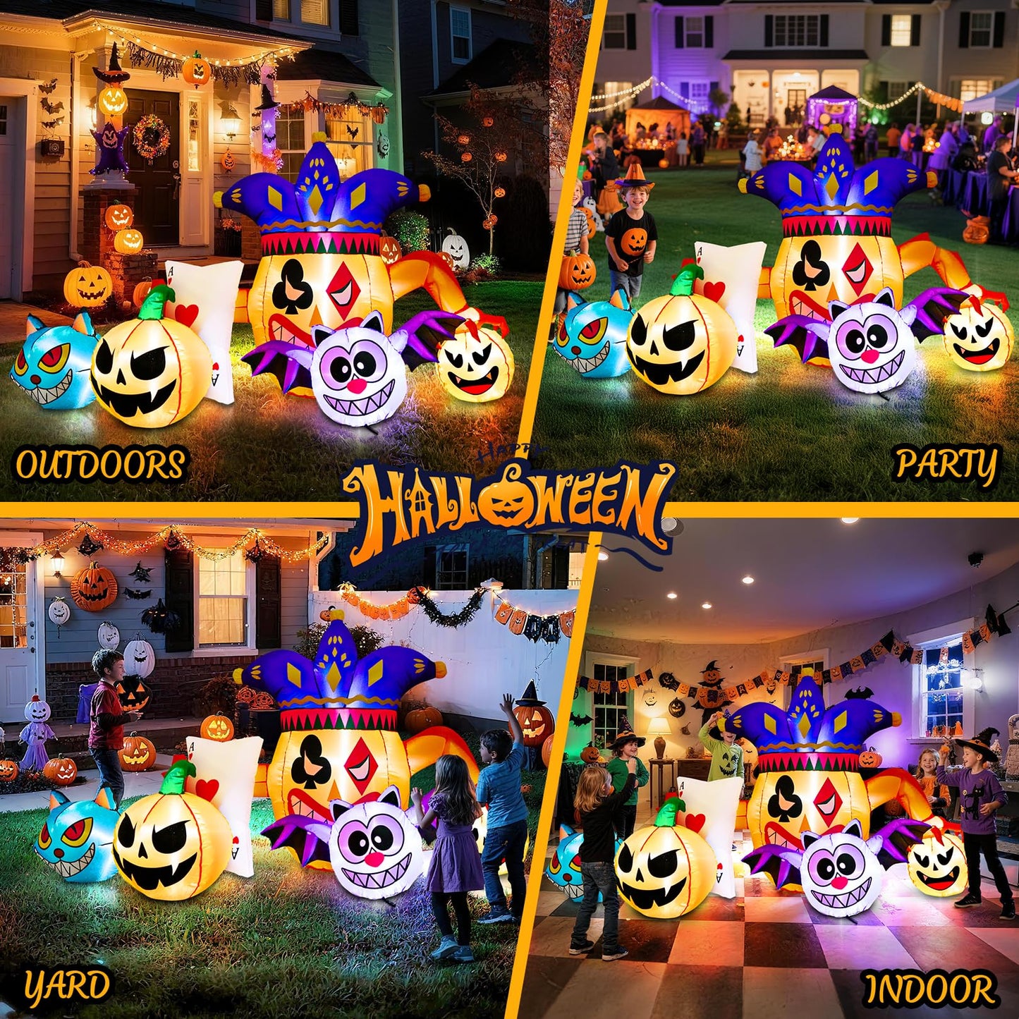 Halloween Inflatable Joker Pumpkin Owl and Black Cat with LEDs - 5.3 FT