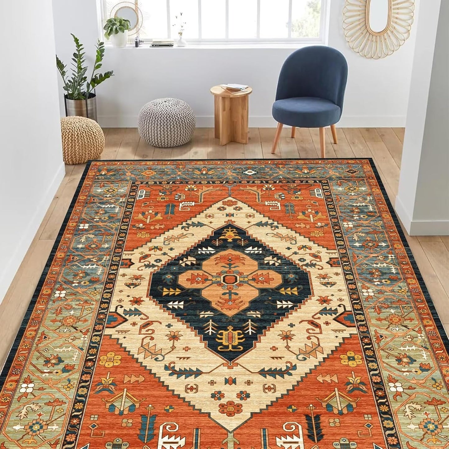 Vintage 6'x9' Area Rug - Washable, Non-Slip Boho Rug for Home Use - Ideal for High Traffic Areas