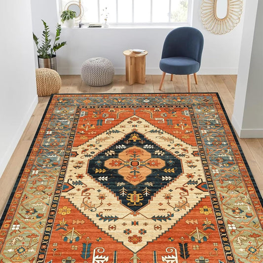 Vintage 6'x9' Area Rug - Washable, Non-Slip Boho Rug for Home Use - Ideal for High Traffic Areas