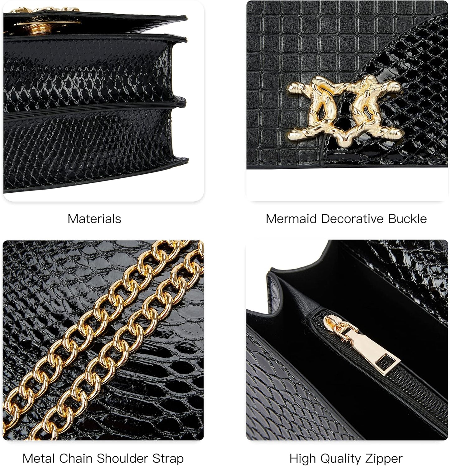 Elegant Black Snake Print PU Leather Crossbody Bag with Gold Chain Strap