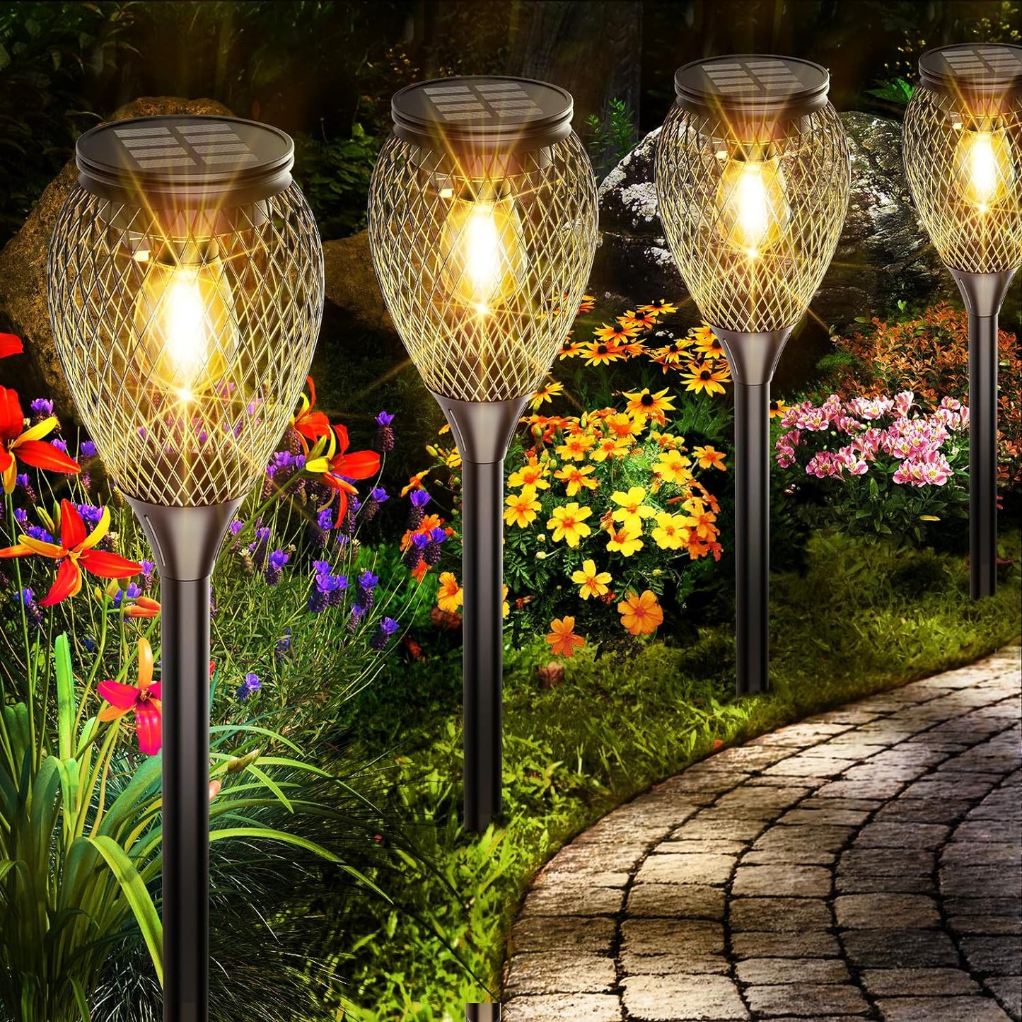 Solar Pathway Lights 4 Pack - Outdoor IP65 Waterproof with Auto On/Off, Warm White