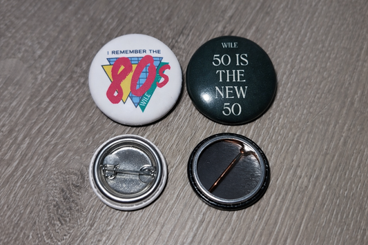 WILE 2 Pc Round Pin Back Button Set 50 Is the New 50 Remember the 80s Retro Novelty Pins