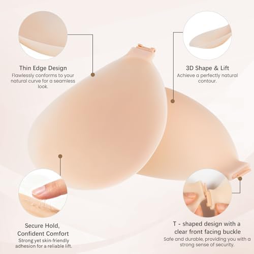 Adhesive Strapless Push-Up Sticky Bra - Invisible Backless Silicone Bra, Size C, Beige