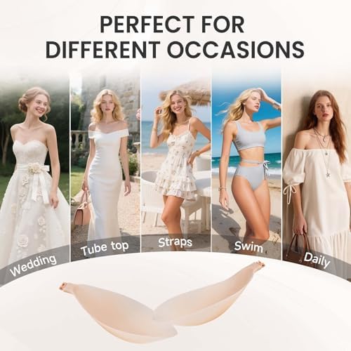 Adhesive Strapless Push-Up Sticky Bra - Invisible Backless Silicone Bra, Size C, Beige