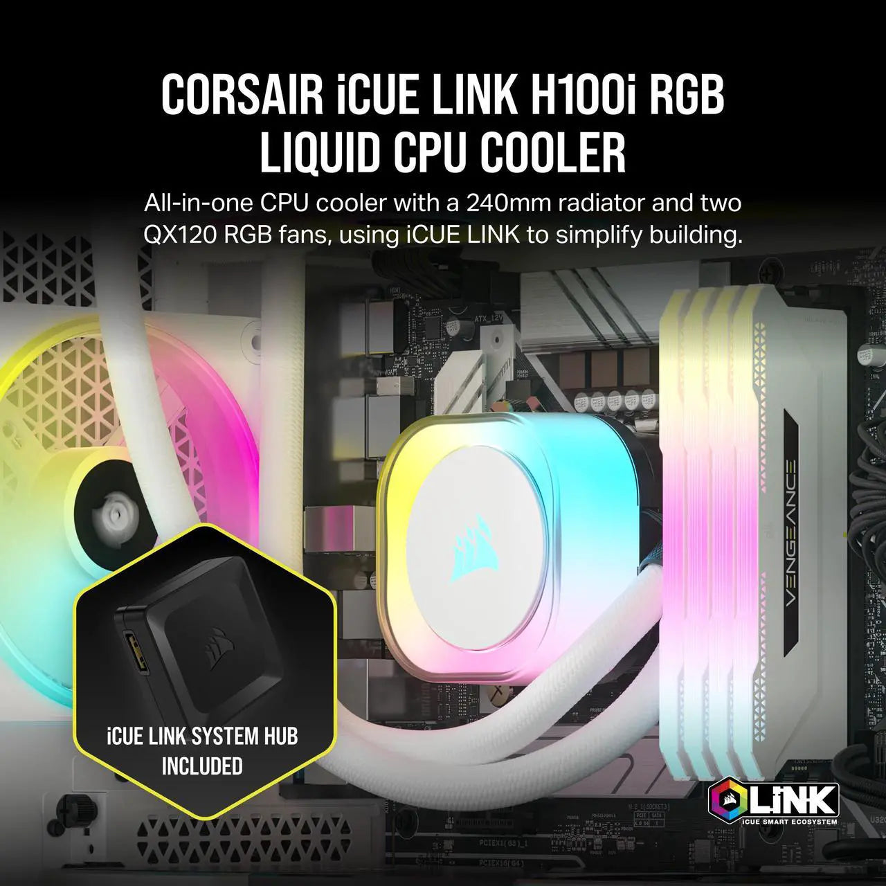 CORSAIR iCUE LINK H100i RGB Liquid CPU Cooler - White - 240mm Radiator - QX120 Fans