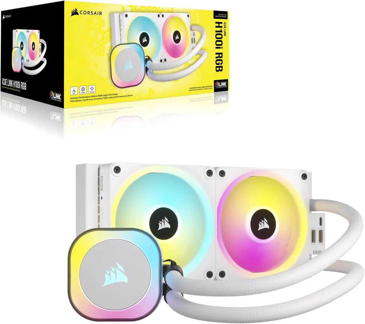 CORSAIR iCUE LINK H100i RGB Liquid CPU Cooler - White - 240mm Radiator - QX120 Fans
