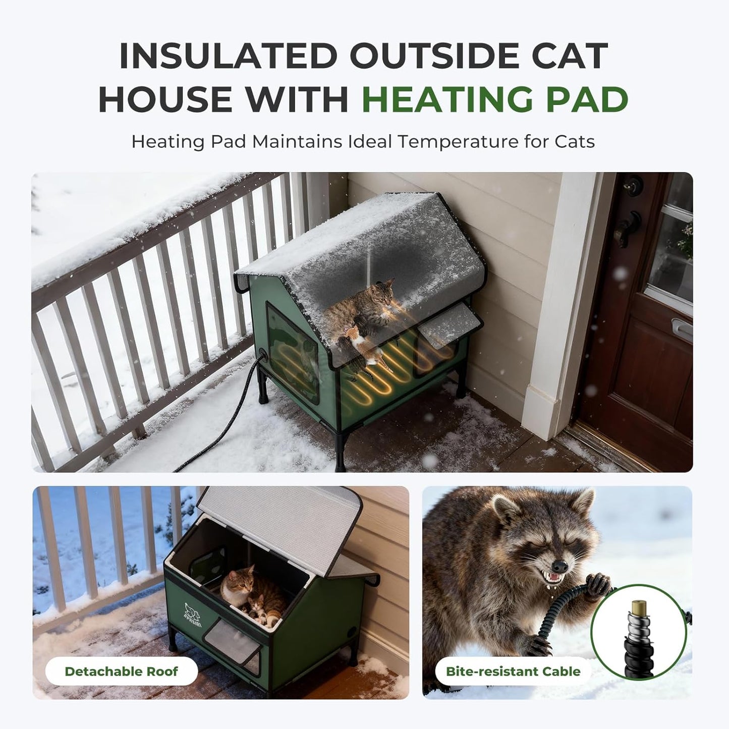 Weatherproof Heated Outdoor Cat House - Insulated Feral Cat Shelter with Thermostatic Heating Pad, Medium