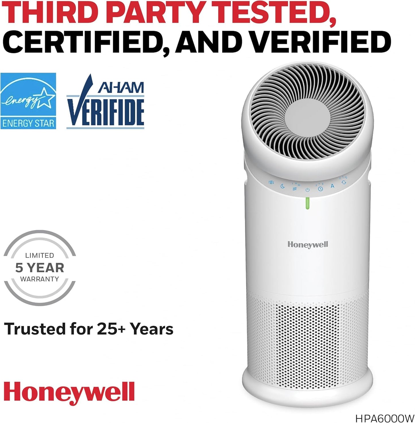 Honeywell Allergen Plus HPA6000 3-in-1 HEPA Air Purifier and Fan for Large Rooms up to 1928 Sq. Ft., White