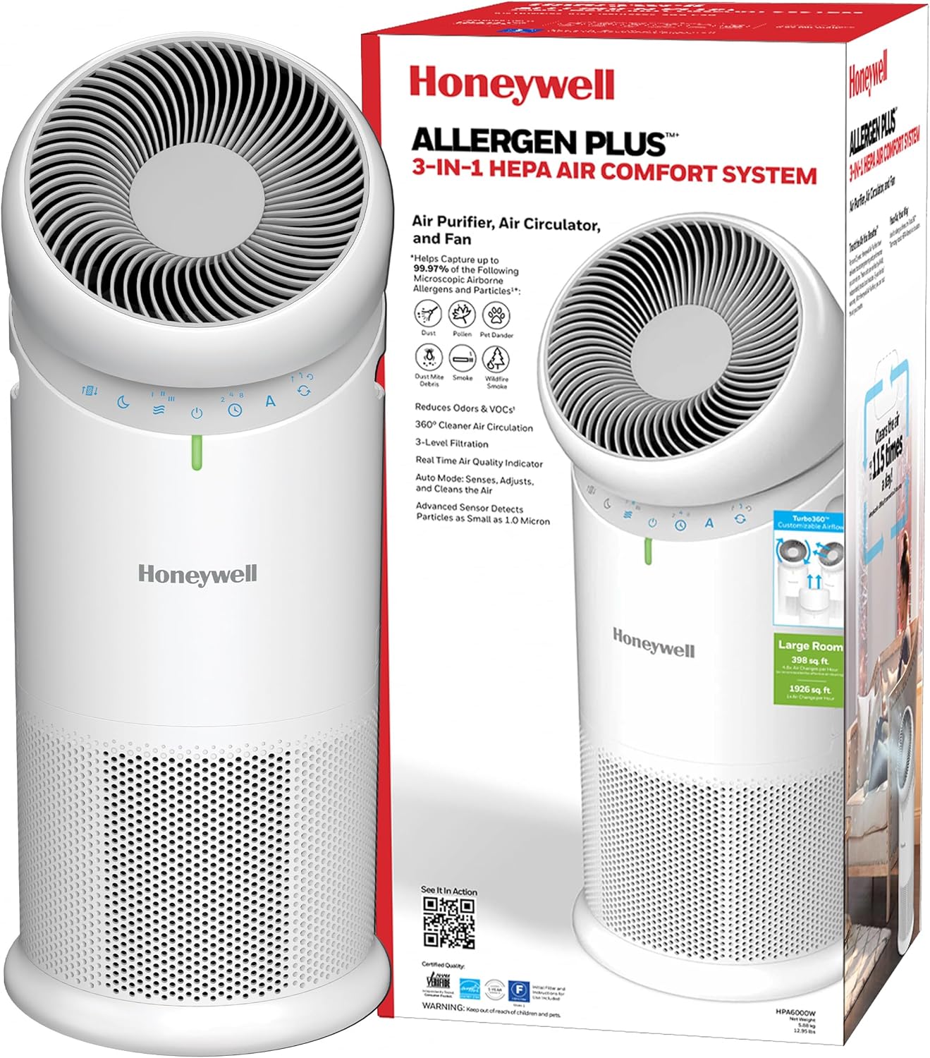 Honeywell Allergen Plus HPA6000 3-in-1 HEPA Air Purifier and Fan for Large Rooms up to 1928 Sq. Ft., White