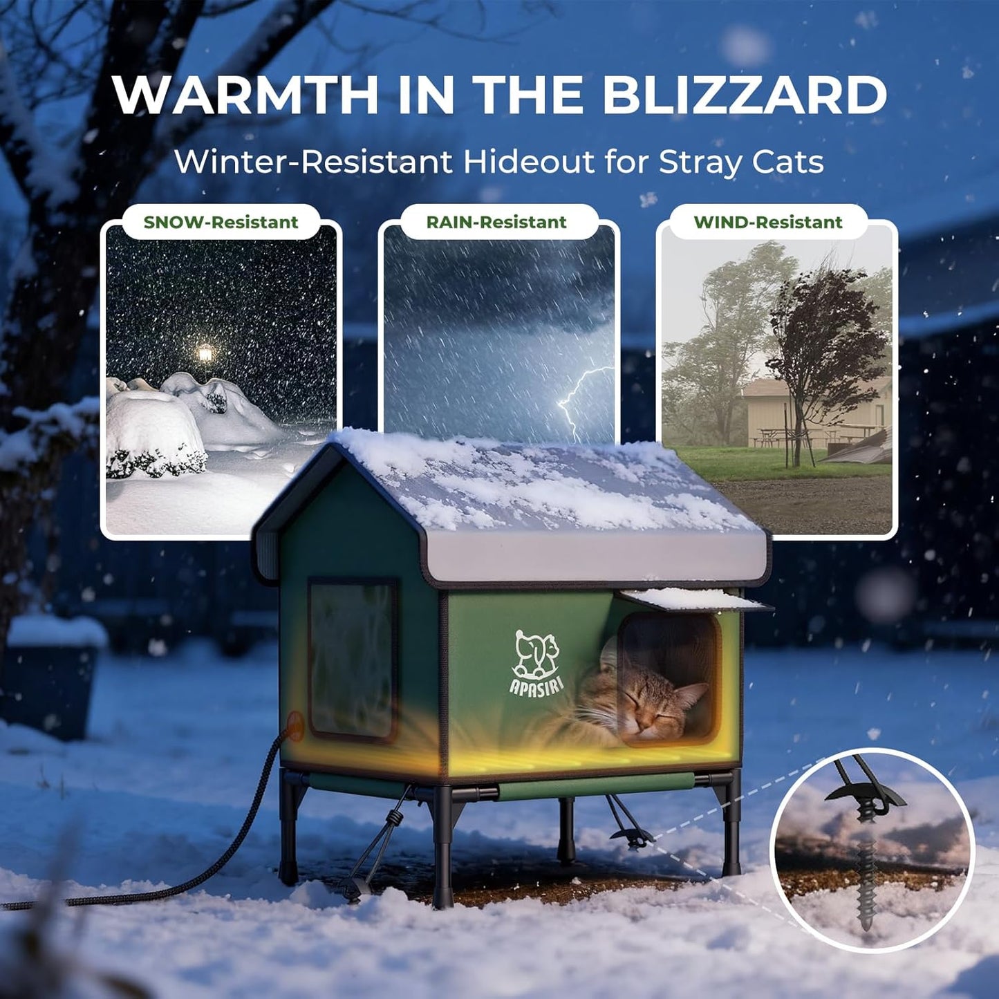 Weatherproof Heated Outdoor Cat House - Insulated Feral Cat Shelter with Thermostatic Heating Pad, Medium