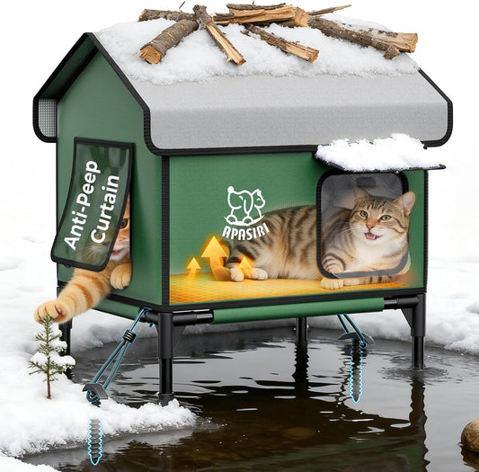 Weatherproof Heated Outdoor Cat House - Insulated Feral Cat Shelter with Thermostatic Heating Pad, Medium