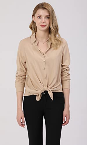 Khaki Dressy Blouse for Women - Casual Long Sleeve Button Down Shirts Tops, Lightweight 100% Viscose Fabric, Perfect for All Seasons, Trendy Design, Ideal for Work, School, and Outdoors