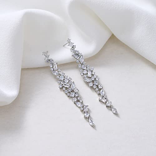 SWEETV Long Wedding Earrings for Brides, Bridesmaids, Crystal Bridal Earrings for Wedding, Rhinestone Drop Dangle Earrings for Women Prom Party Jewelry, Silver