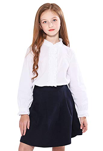 Girls White Blouse, Ruffle Long Sleeve, Button Down, Princess Style, Cotton Soft Tops, Spring/Summer, Age 9-10, Cute Design, Performance/Party/School Uniform Appropriate, Semicircle Mushroom Button, Imported
