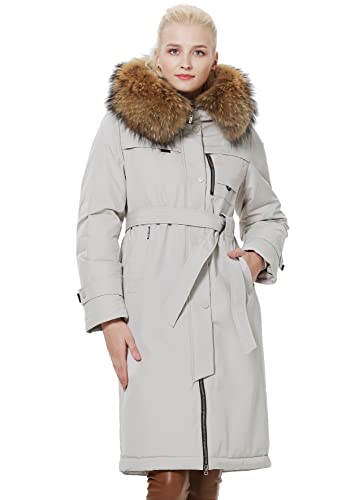 ICEbear Women's Down Jacket Winter Long Coat Windproof Puffer Jacket with Fur Hood, White, X-Small