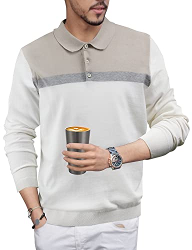 Mens-Polo-Shirts Long-Sleeve-Knit-Pullover Pure-Cotton Slim-Fit - Casual Fashion Lightweight Golf Top Breathable White XXL